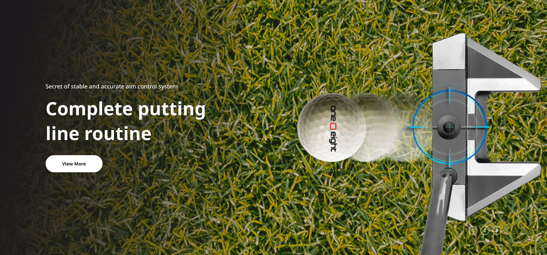 One O Eight putter aligned with a golf ball on the grass