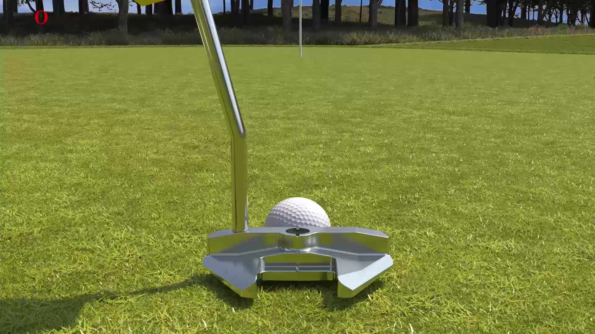 mallet putter and a golf ball on the grass